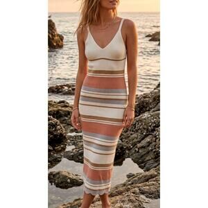 Willow & Wind Malibu Stripe Knit Midi Sweater Dress Small EUC Oatmeal Multi